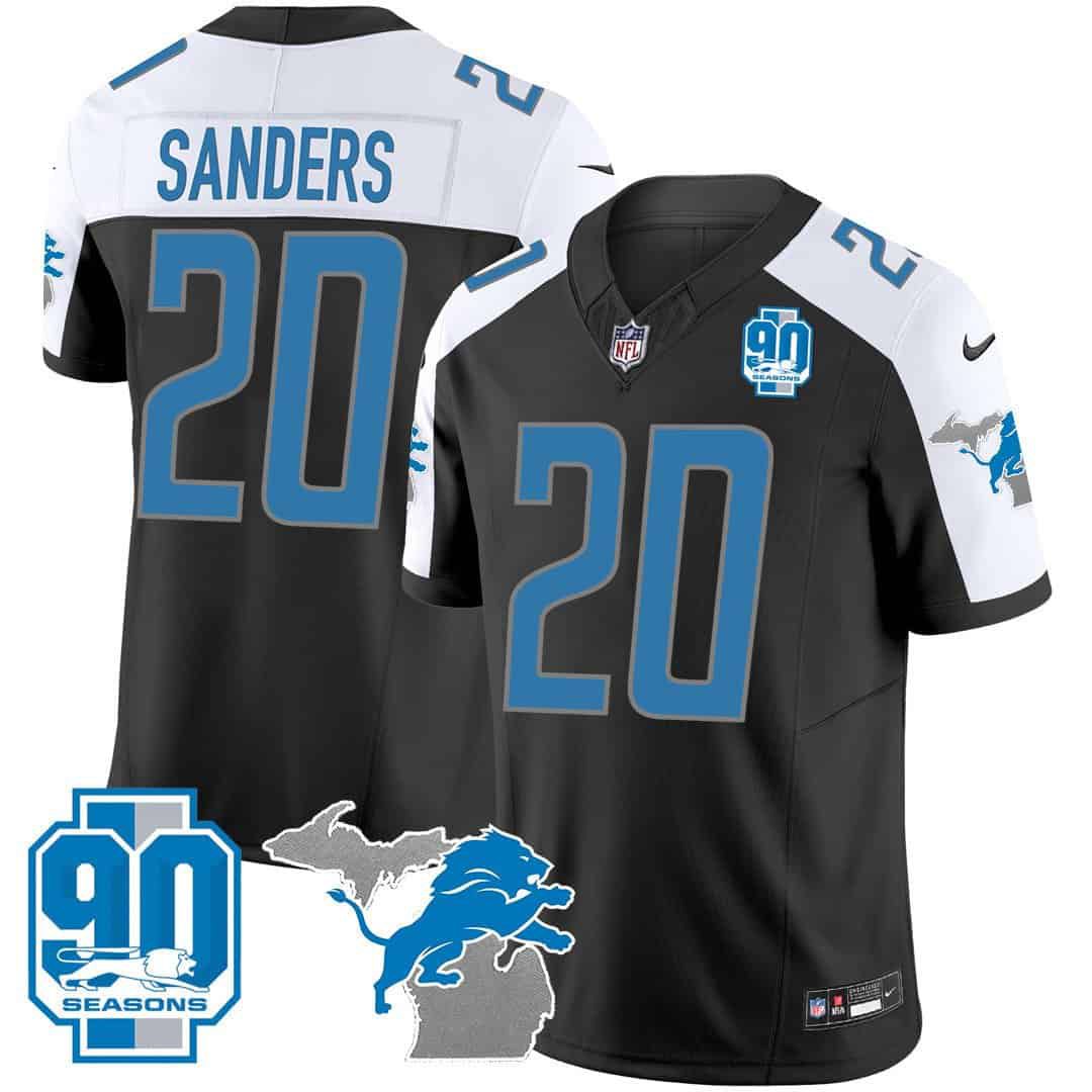 Men Detroit Lions 20 Sanders Black 2024 Nike 90th Year Michigan Patch Vapor NFL Jersey